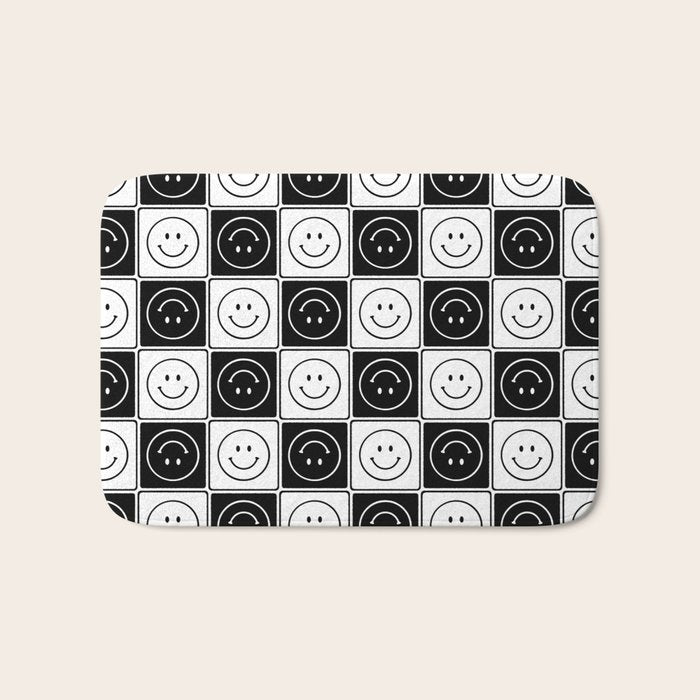 Checked Smiley Faces Pattern (Black & White) Bath Mat Gallery Image 1