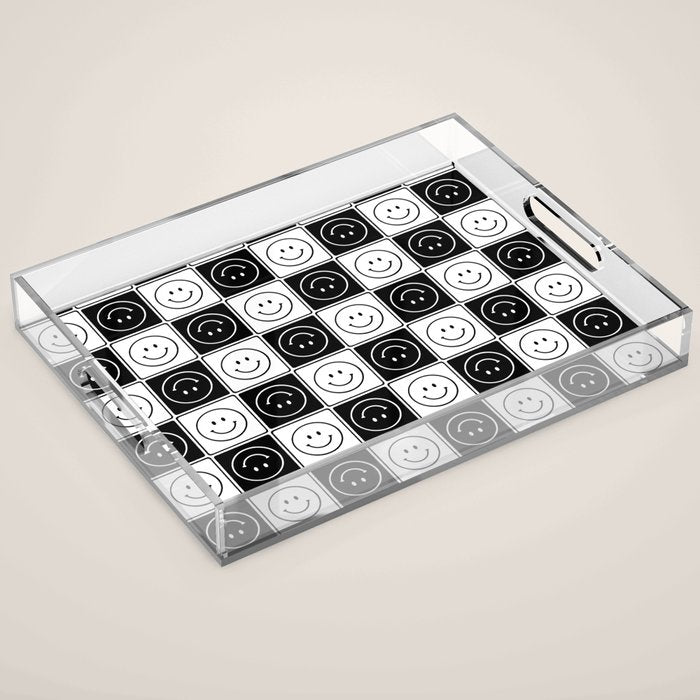 Checked Smiley Faces Pattern (Black & White) Acrylic Tray Gallery Image 1