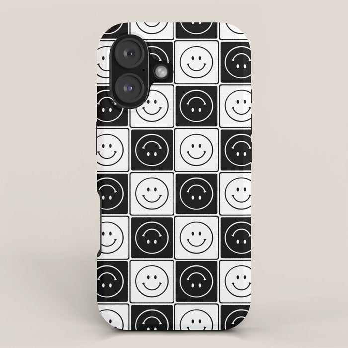 Checked Smiley Faces Pattern (Black & White) iPhone Case Gallery Image 1
