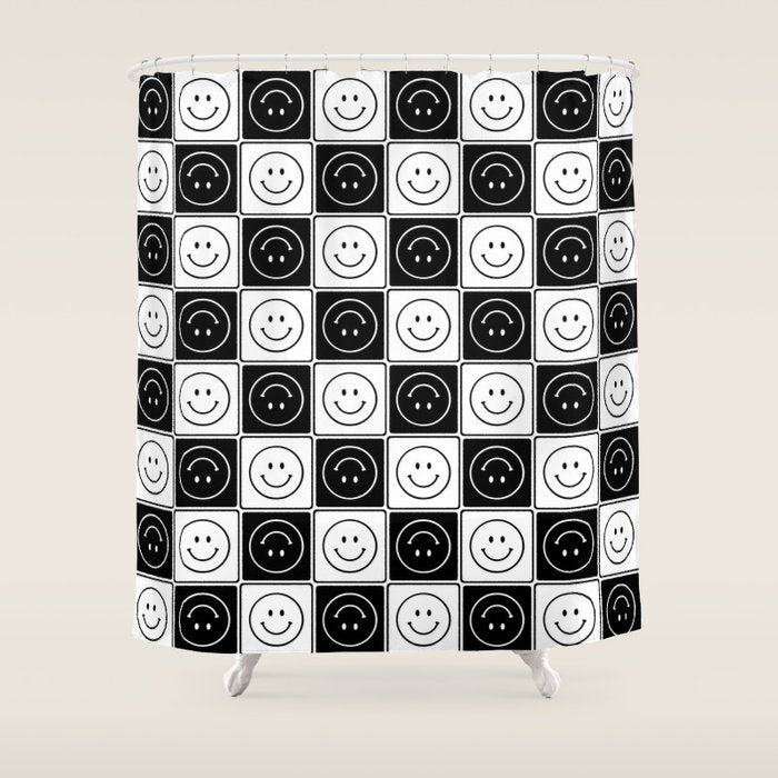 Checked Smiley Faces Pattern (Black & White) Shower Curtain Gallery Image 1