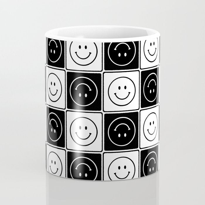 Checked Smiley Faces Pattern (Black & White) Coffee Mug Gallery Image 4