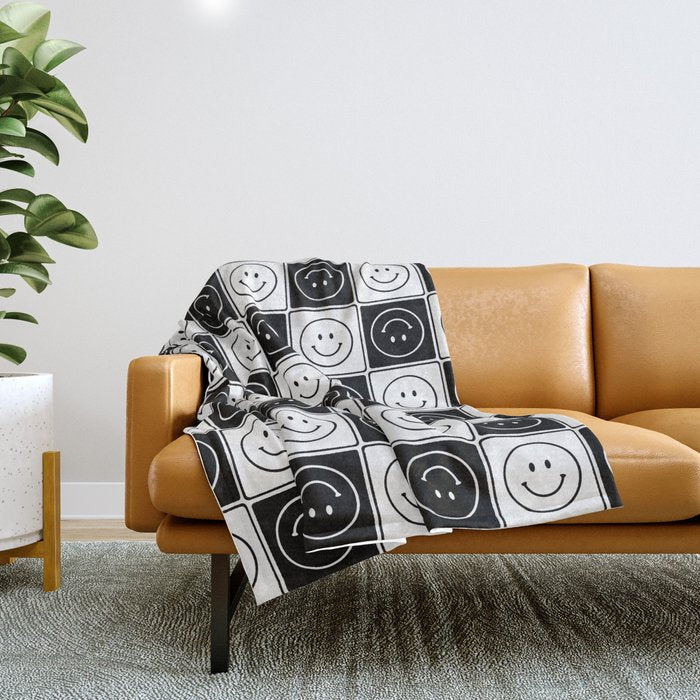 Checked Smiley Faces Pattern (Black & White) Throw Blanket Gallery Image 1