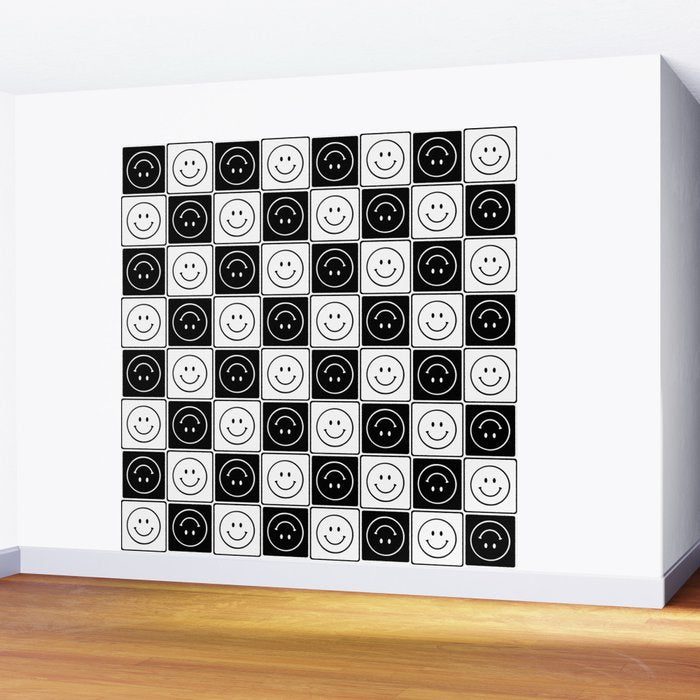 Checked Smiley Faces Pattern (Black & White) Wall Mural Gallery Image 2