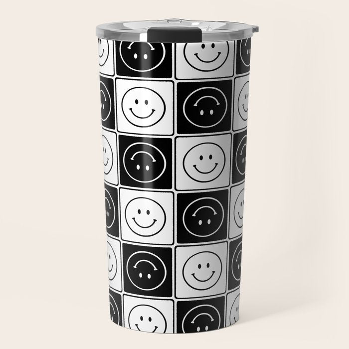 Checked Smiley Faces Pattern (Black & White) Travel Mug Gallery Image 1