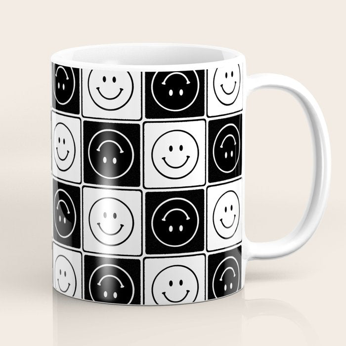 Checked Smiley Faces Pattern (Black & White) Coffee Mug Gallery Image 1