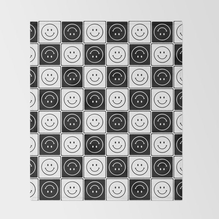 Checked Smiley Faces Pattern (Black & White) Throw Blanket Gallery Image 2