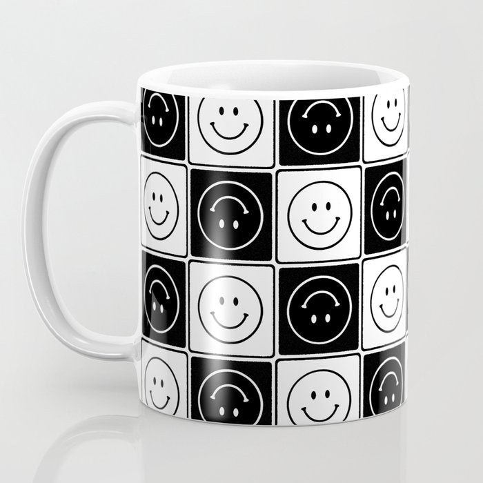 Checked Smiley Faces Pattern (Black & White) Coffee Mug Gallery Image 3