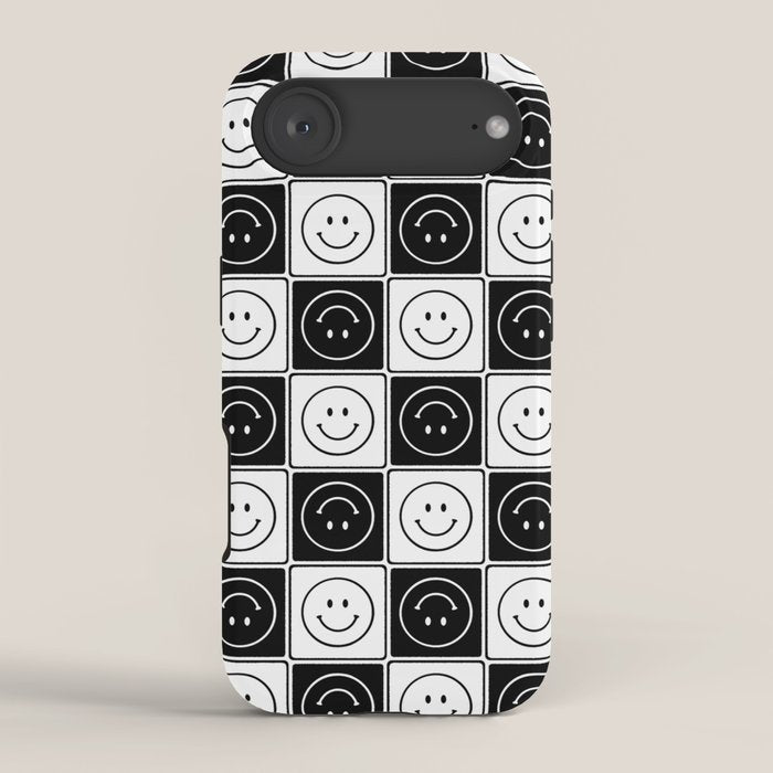 Checked Smiley Faces Pattern (Black & White) iPhone Case