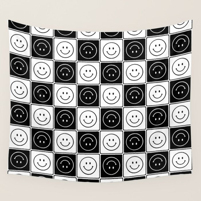 Checked Smiley Faces Pattern (Black & White) Wall Tapestry