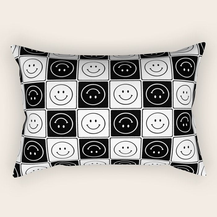 Checked Smiley Faces Pattern (Black & White) Rectangular Pillow Gallery Image 2