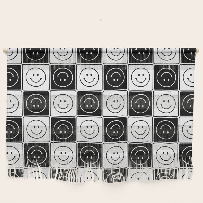 Checked Smiley Faces Pattern (Black & White) Wall Hanging Gallery Image 1