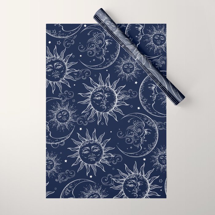 Blue Magic Celestial Sun Moon Stars Wrapping Paper