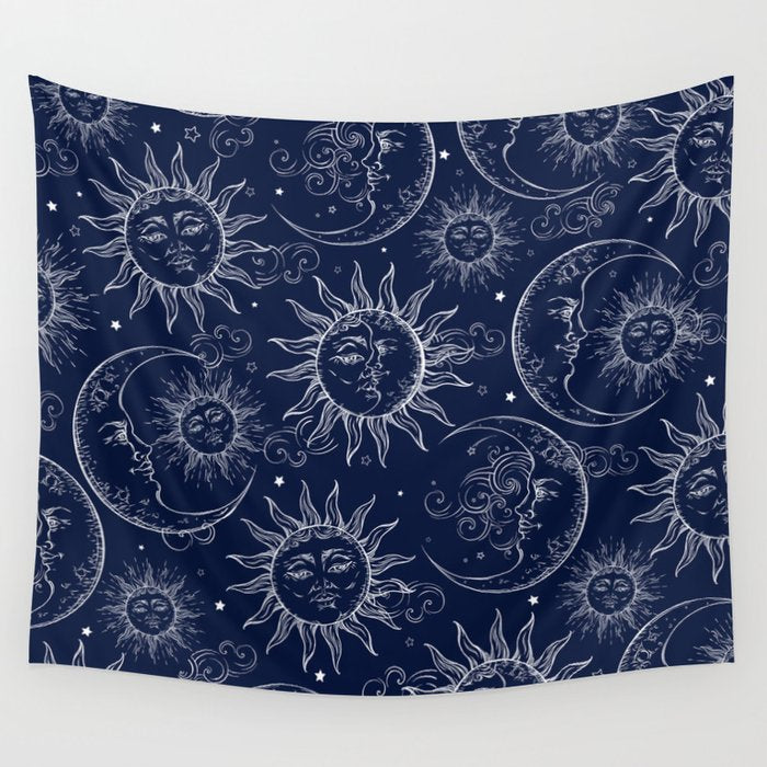 Blue Magic Celestial Sun Moon Stars Wall Tapestry Gallery Image 4
