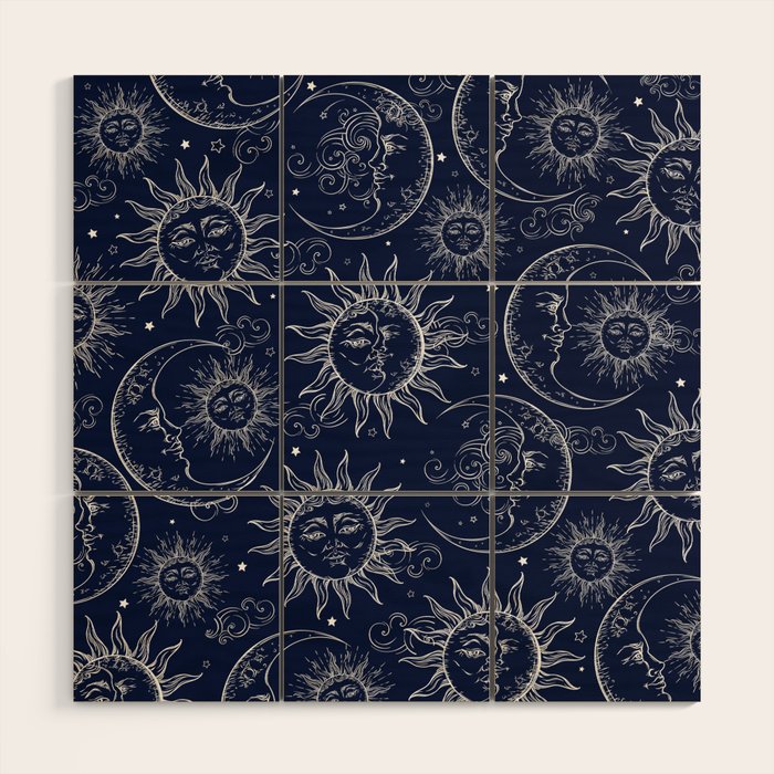 Blue Magic Celestial Sun Moon Stars Wood Wall Art Gallery Image 1