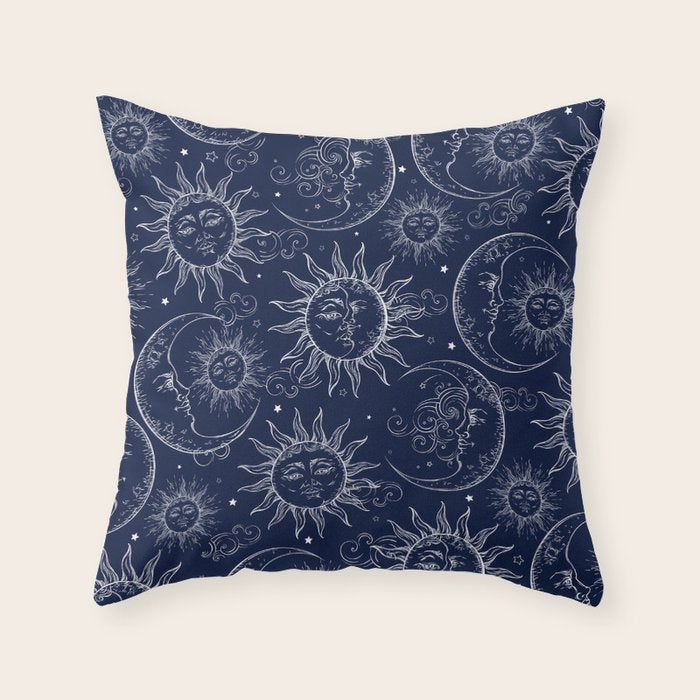Blue Magic Celestial Sun Moon Stars Throw Pillow Gallery Image 1