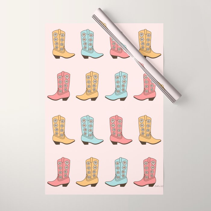 Cowgirl Boots and Daisies, Blush Pink, Mint, Cute Pastel Cowboy Pattern Wrapping Paper Gallery Image 1