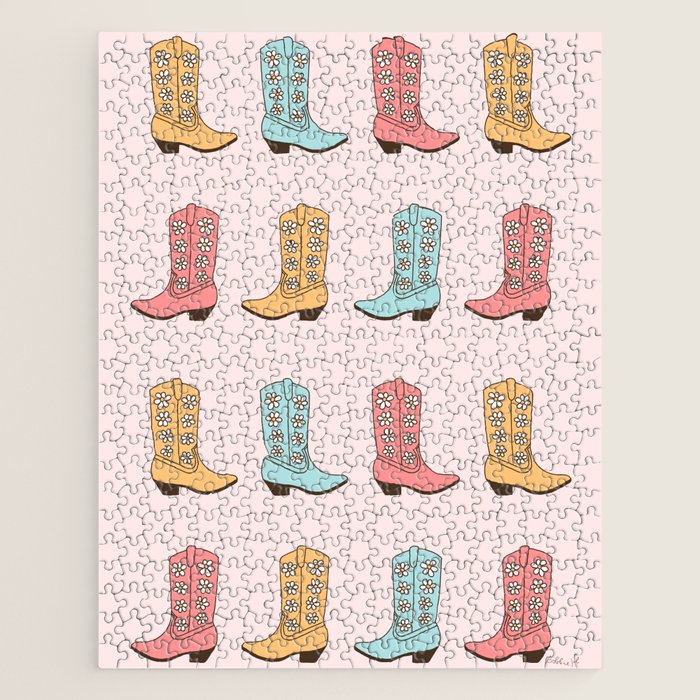 Cowgirl Boots and Daisies, Blush Pink, Mint, Cute Pastel Cowboy Pattern Jigsaw Puzzle Gallery Image 1