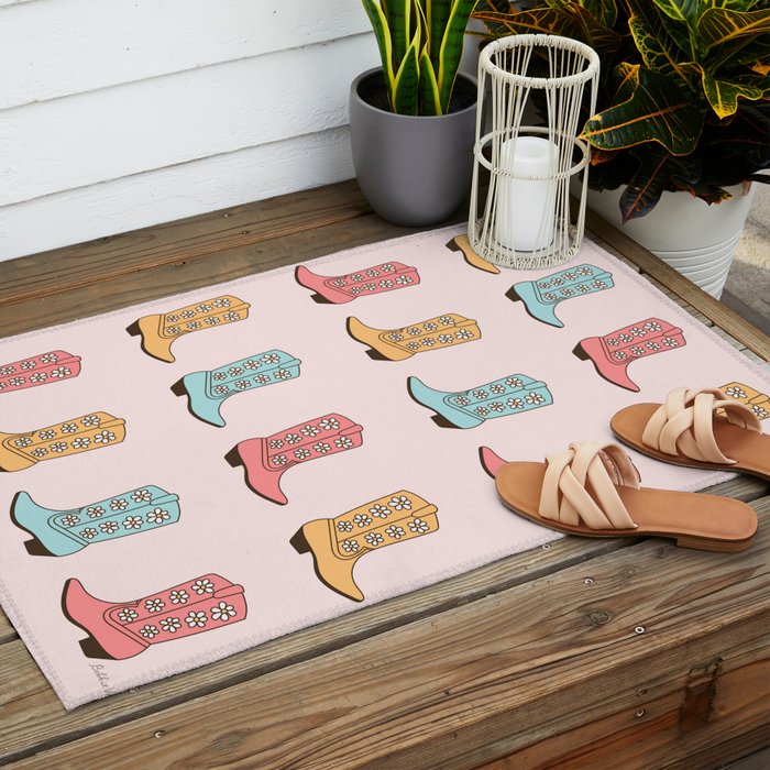 Cowgirl Boots and Daisies, Blush Pink, Mint, Cute Pastel Cowboy Pattern Outdoor Rug Gallery Image 2