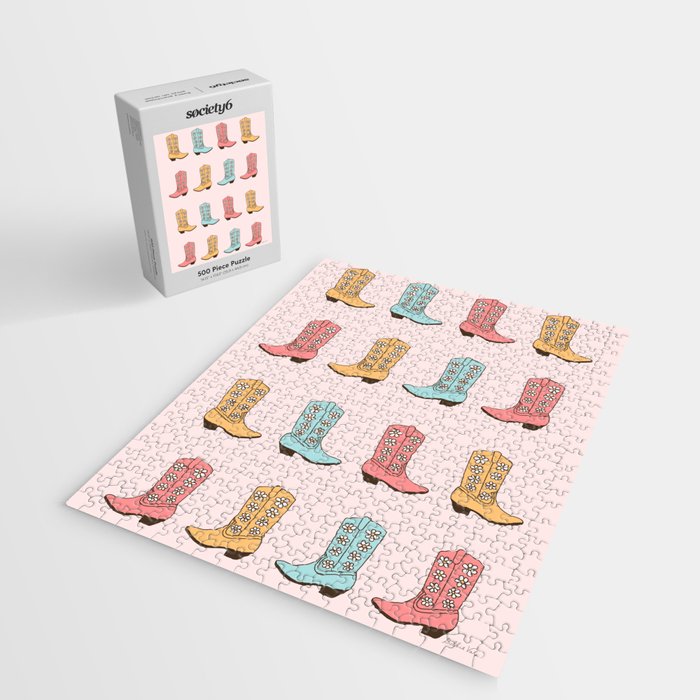 Cowgirl Boots and Daisies, Blush Pink, Mint, Cute Pastel Cowboy Pattern Jigsaw Puzzle Gallery Image 2