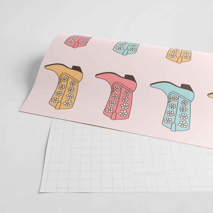 Cowgirl Boots and Daisies, Blush Pink, Mint, Cute Pastel Cowboy Pattern Wrapping Paper Gallery Image 2