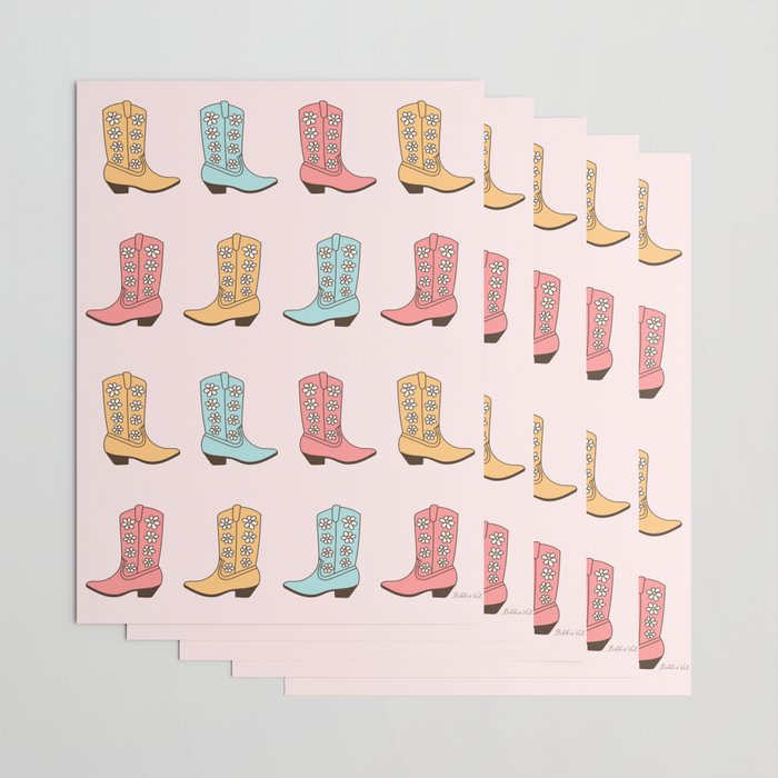 Cowgirl Boots and Daisies, Blush Pink, Mint, Cute Pastel Cowboy Pattern Wrapping Paper Gallery Image 3