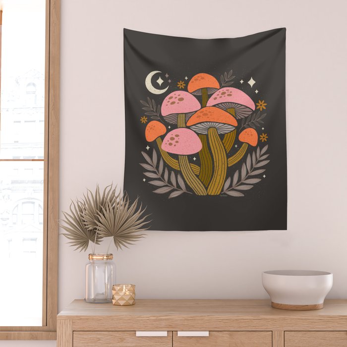 Mushrooms and Moons - Dark Wall Tapestry Gallery Image 2