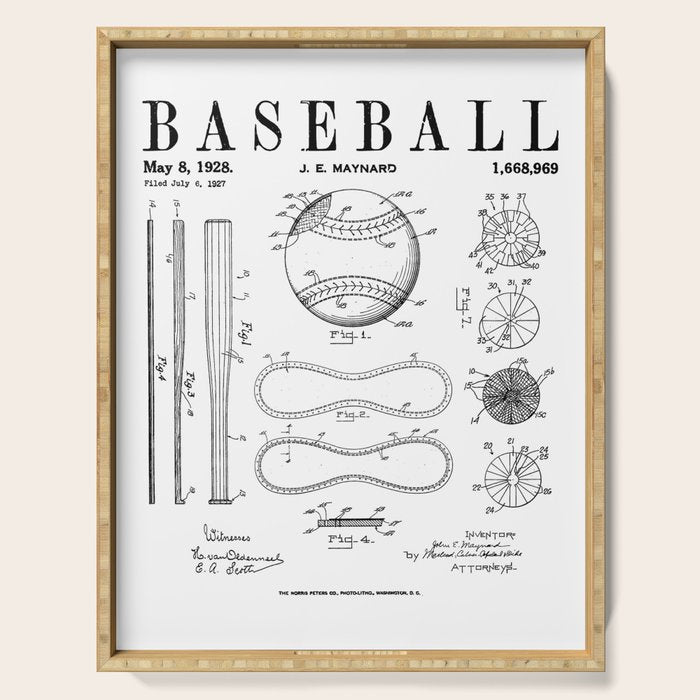 Baseball Bat And Ball Old Vintage Patent Drawing Print Serving Tray Gallery Image 1