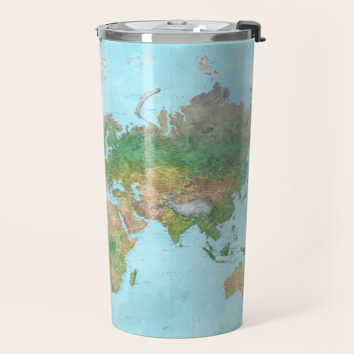 Watercolor physical world map (high detail) Travel Mug Gallery Image 2