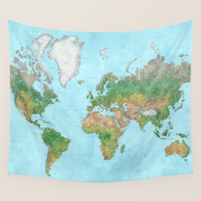 Watercolor physical world map (high detail) Wall Tapestry