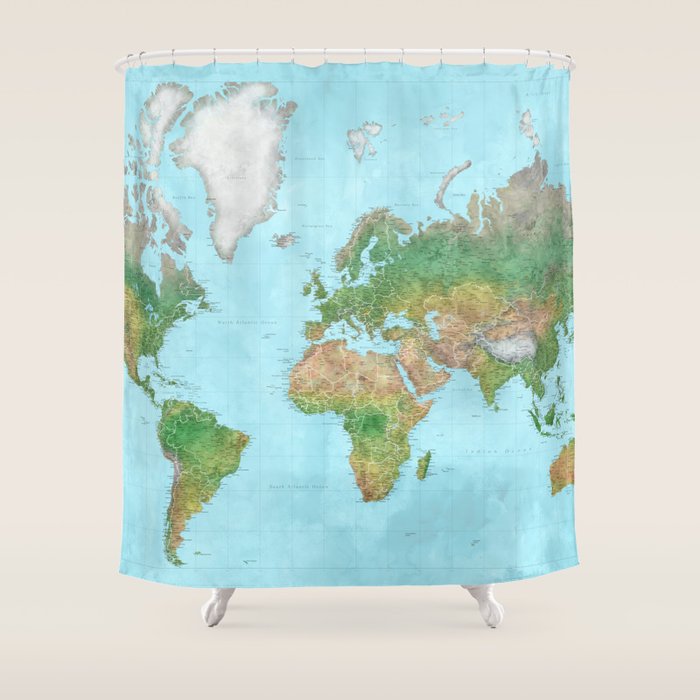 Watercolor physical world map (high detail) Shower Curtain Gallery Image 1