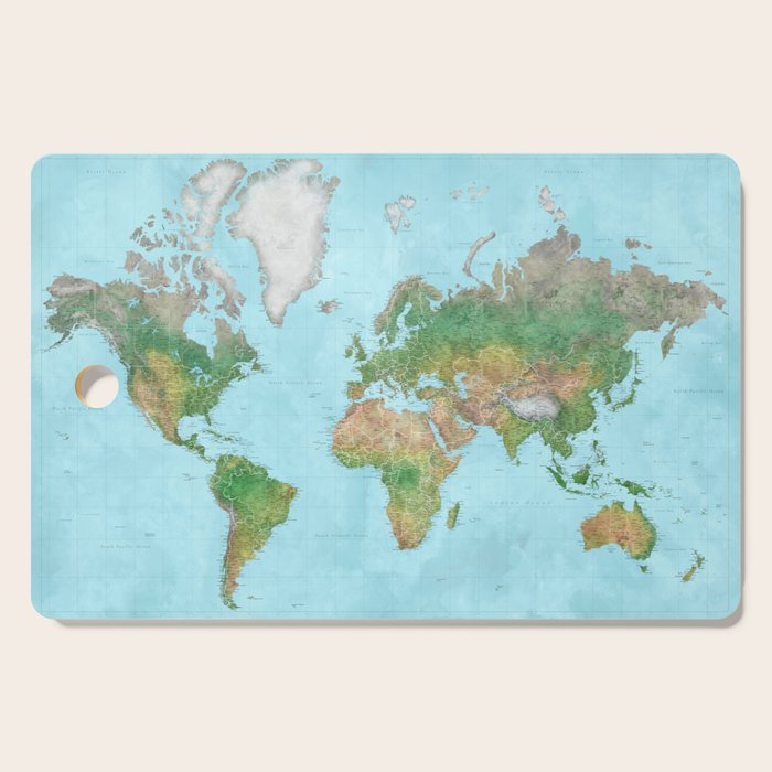 Watercolor physical world map (high detail) Cutting Board Gallery Image 1