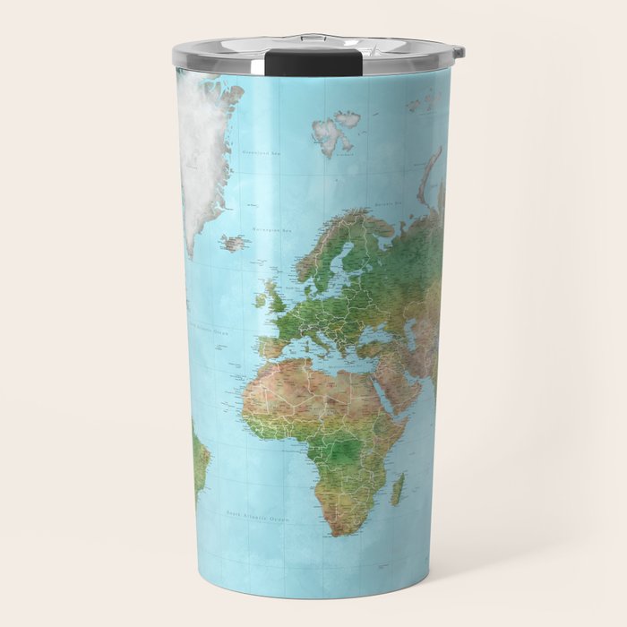 Watercolor physical world map (high detail) Travel Mug Gallery Image 1