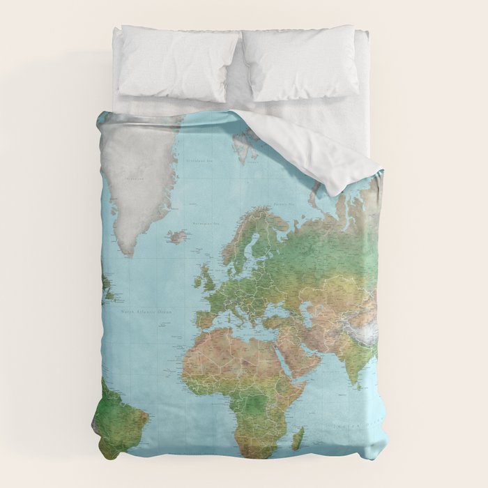 Watercolor physical world map (high detail) Duvet Cover Gallery Image 1