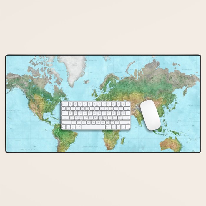 Watercolor physical world map (high detail) Desk Mat Gallery Image 1
