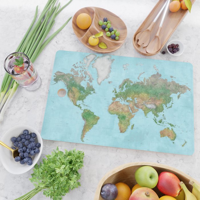 Watercolor physical world map (high detail) Cutting Board Gallery Image 2