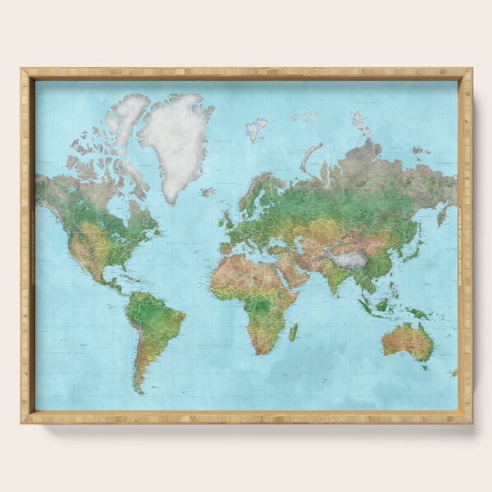 Watercolor physical world map (high detail) Serving Tray Gallery Image 1