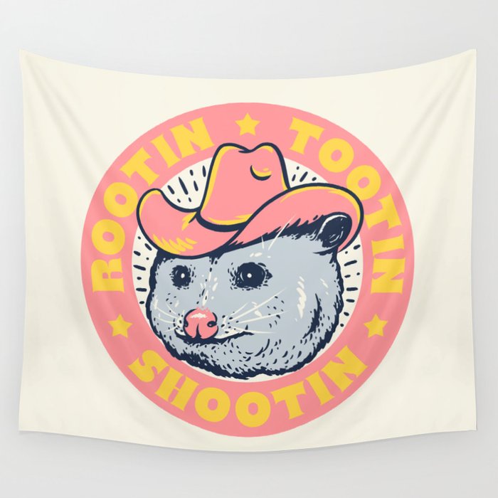 Possum Rootin Tootin Shootin | Pink Wall Tapestry Gallery Image 1
