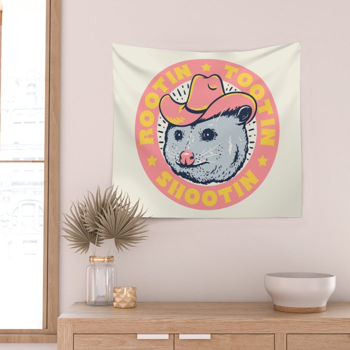 Possum Rootin Tootin Shootin | Pink Wall Tapestry Gallery Image 2