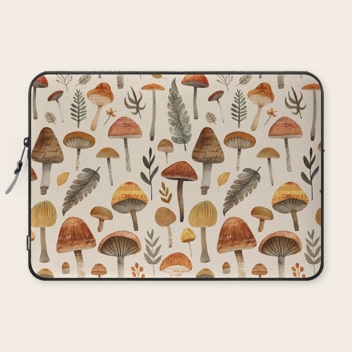 Autumn Mushrooms Forest Vintage Whimsy Watercolor Pattern Beige Laptop Sleeve Gallery Image 2