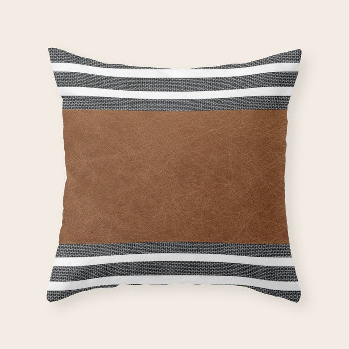 Scandinavian Modern Cognac Leather Dark Stipes Throw Pillow Gallery Image 6