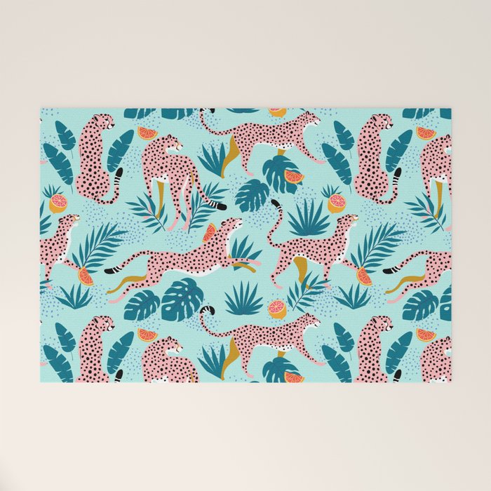 Cheetahs In The Grapefruit Grove, Tropical Jungle bohemian Wildlife, Tiger Wild Cat Nature Forest Welcome Mat Gallery Image 1