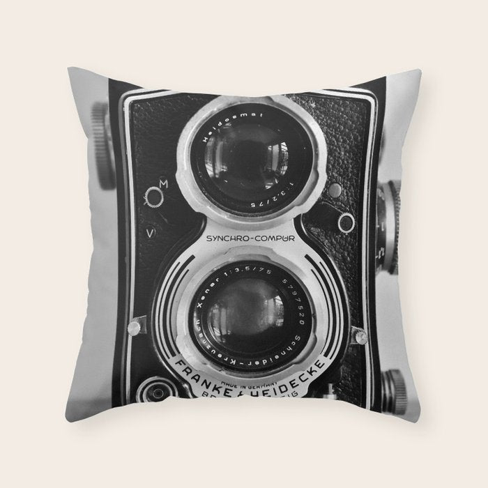 Vintage photograph camera art print- black and white retro rolleicord - film photography Throw Pillow Gallery Image 6