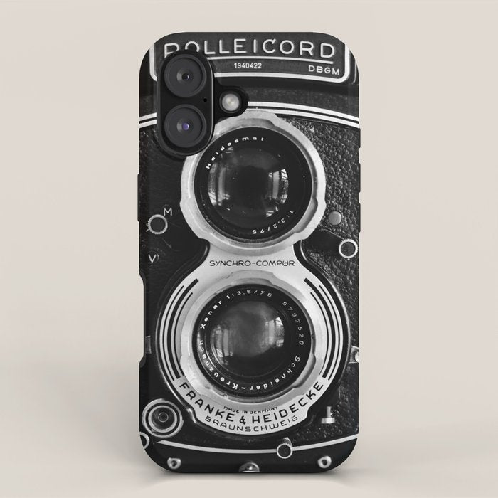 Vintage photograph camera art print- black and white retro rolleicord - film photography iPhone Case Gallery Image 1