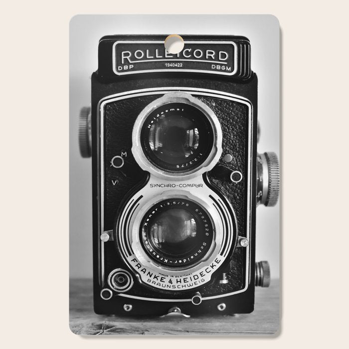 Vintage photograph camera art print- black and white retro rolleicord - film photography Cutting Board Gallery Image 1