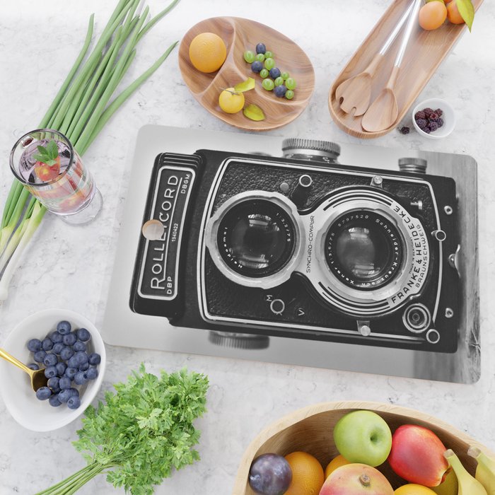Vintage photograph camera art print- black and white retro rolleicord - film photography Cutting Board Gallery Image 2