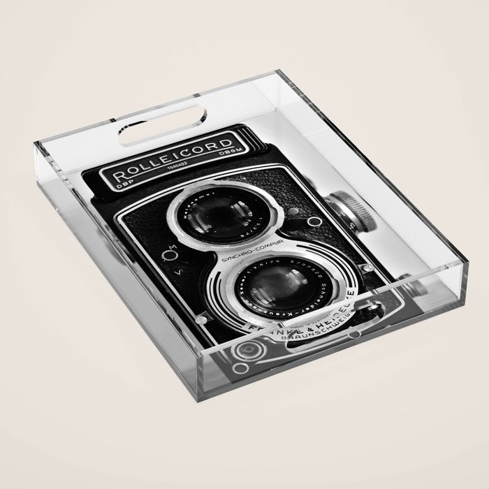 Vintage photograph camera art print- black and white retro rolleicord - film photography Acrylic Tray Gallery Image 1