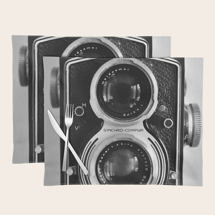 Vintage photograph camera art print- black and white retro rolleicord - film photography Placemat Gallery Image 1