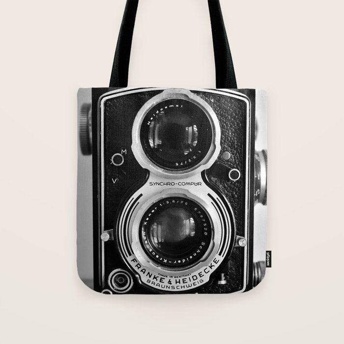 Vintage photograph camera art print- black and white retro rolleicord - film photography Tote Bag Gallery Image 1