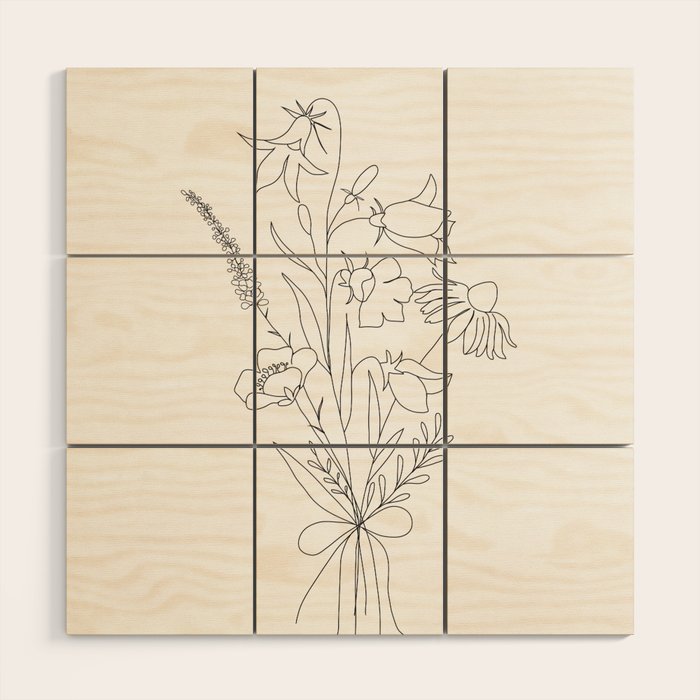 Small Wildflowers Minimalist Line Art Wood Wall Art Gallery Image 1