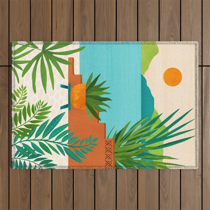 Bali Sunset View in Teal and Orange Outdoor Rug Gallery Image 1